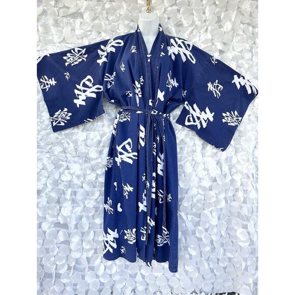 Vintage Blue White Kimono Robe Neiman Marcus 100% Cotton Graphic Asian Print - Picture 1 of 12